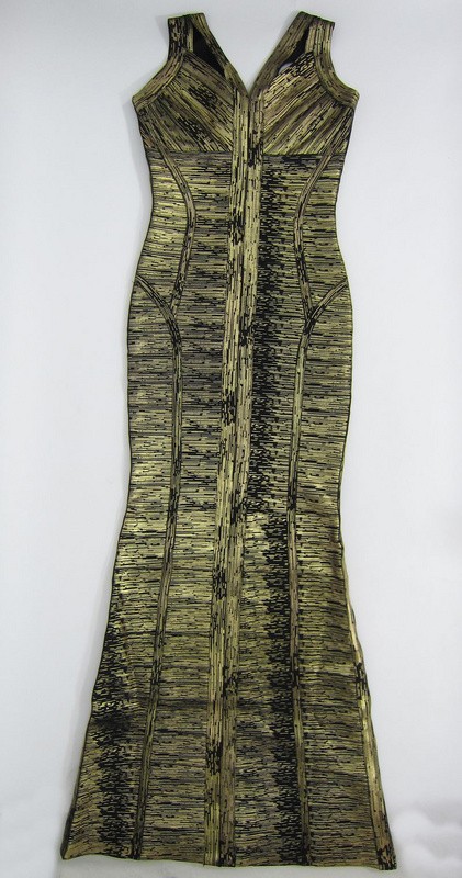 Herve Leger Black And Gold V Neck Jacquard Bandage Gown